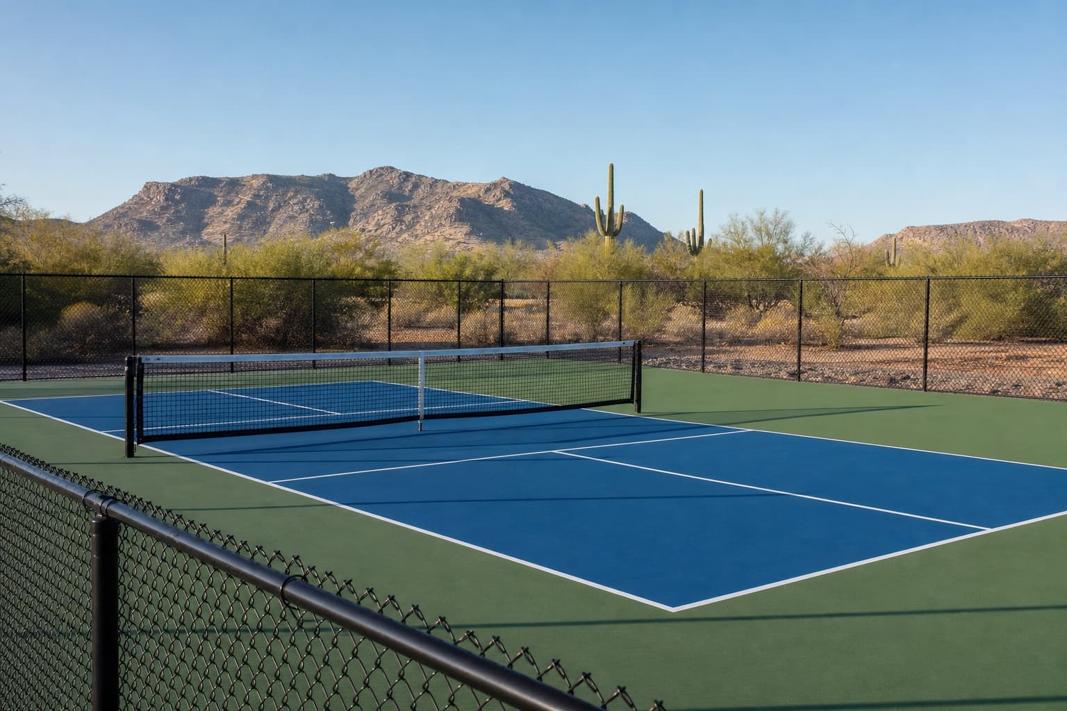 An outdoor pickleball court in the Arizona desert