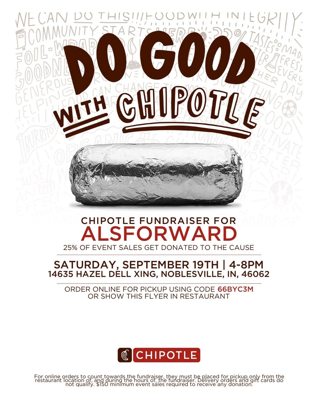 Chipotle fundraiser flyer for ALS Forward: Saturday September 19, 4 to 8 PM, 14635 Hazel Dell Xing, Noblesville, Indiana, order online for pickup with code 66BYC3M, 25% of event sales donated